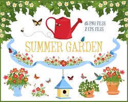 Summer Garden ClipArt - Honey Bee, Hummingbird, Butterfly, Birdhouse,  Potted Plants, Floral Wreath and Greenery | Includes Vector EPS Files