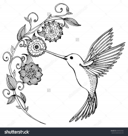 Flying Hummingbird. Hummingbird and flowers. Stylized bird ...