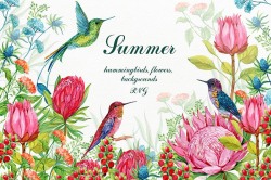 Hummingbirds Exotic Flowers Clipart