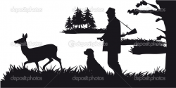 Hunter with dog hunting animals in the forest - black and ...