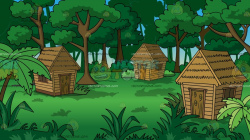 Grass Huts In A Jungle Background