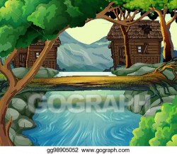 Vector Illustration - Old huts by the river. EPS Clipart ...