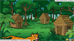 A Cheetah and Grass Huts In A Jungle Background