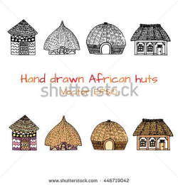 Hand drawn set with sketch of typical African country house ...
