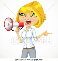 Vector Art - Cute girl emotionally shouts in a megaphone and ...