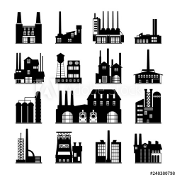 Set of abstract old factory icons featuring traditional old ...