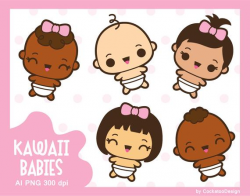 Kawaii clipart, kawaii baby clipart, cute baby clipart, baby girl clipart,  baby boy clipart, infant clipart, asian baby clipart, dark skin