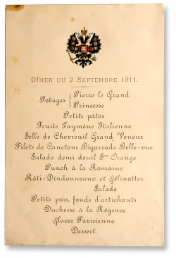 Royal Menus - Dinner menu for Tsar Nicholas II in 1911