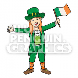 Girly Leprechaun Bringing Irish Flag Vector Cartoon Clipart Illustration
