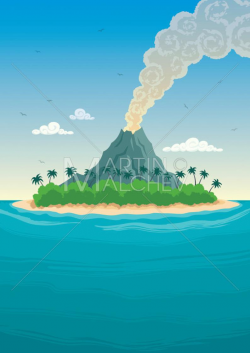 Tropical Island - Vector Cartoon Clipart Illustration. exotic, ocean, sea,  volcano, tropical island, beach, hawaii, landscape, background,