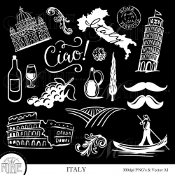 White ITALY Clip Art | Chalk Italian Accents Design Art | Chalkboard Italy  Downloads | Vector Italian Wine Clipart | Rome Travel Clip Art