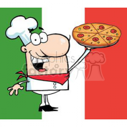 A Proud Chef Holds Up Pizza In Front Of Italian Flag clipart. Royalty-free  clipart # 379196