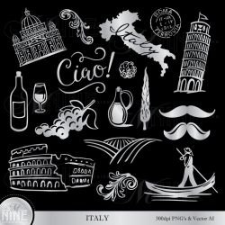 Silver ITALY Clip Art | Silver Italian Accents Design Elements | Italy  Downloads | Vector Italian Wine Clipart | Rome Travel Clip Art