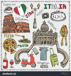 Italy famous Rome landmark,lettering,food set.Vintage Hand ...