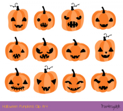 Cute Halloween pumpkins clipart set, Spooky carved pumpkin face jack o  lantern