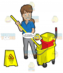 A Female Janitor Wringing Out A Mop