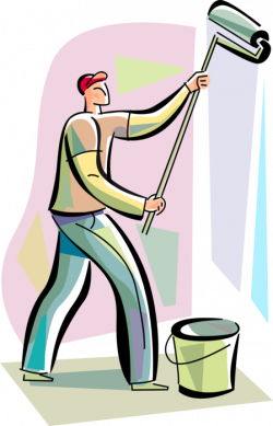 Painter with Paint Roller Painting Wall - Vector Image