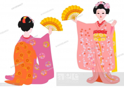 Two women dancing with folding fan in Japanese style ...