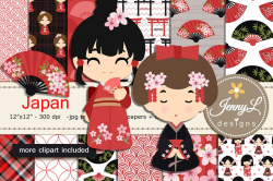Japan Digital Papers and Japanese Clipart SET