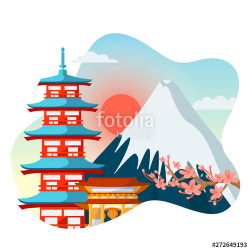 Japanese pagoda, sakura flowers on Fuji mountain background ...