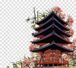 Red temple surrounded with flowers illustration, Japan Mural ...