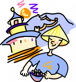 Chinese Peasant Eats Rice, Temple, Great Wall - Vector Image