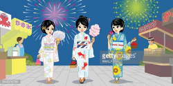 Three Yukata Girls IN Japanese Summer Firework Display ...