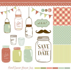 14 Hand Drawn Mason Jars and digital paper - Clip art for ...