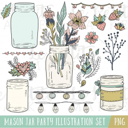 Mason Jar Clipart, Mason Jar Wedding Clipart, Wedding Clip Art  Illustrations, Floral Clip Art, Stationery Graphics, Country Chic Clip Art