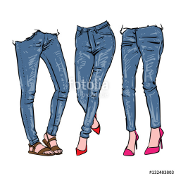 Hand drawn women's fashionable denim jeans, Vector ...