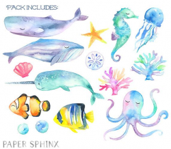 Watercolor Ocean Animals Clipart - Fish, Whale, Nautical ...