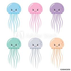 Vector illustration of cartoon funny color jellyfish ...
