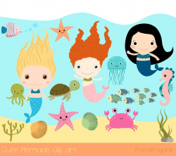 Cute mermaid clipart, Under the sea clip art, Kawaii mermaid party clipart,  Sea animal clipart, seahorse, crab, jellyfish, starfish, octopus