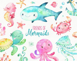 Friends Of Mermaids. Watercolor clip art, fish, jellyfish, turtle, sea,  octopus, crab, nautical, underwater, ocean, pink, shells, babyshower