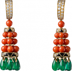CARTIER. Earrings - yellow gold, coral beads, emerald drops, onyx ...
