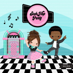 Sock Hop Party Clipart. 50's retro diner, jukebox, Cadillac, diner sign,  records and smoothie graphics, vintage birthday illustration