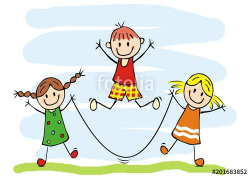 Happy kids and jump rope, two girls and one boy, vector ...