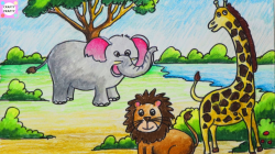 How to draw scenery with animals step by step||Jungle Scene Drawing for  Kids|easyway to draw scenery