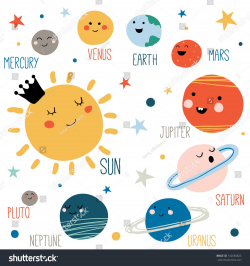 Solar system with cute cartoon planets. Funny universe for ...
