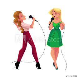 Two pretty girls, women singing together, karaoke party ...
