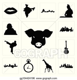 Vector Clipart - Set of pig face, florida, giraffe, pocket ...