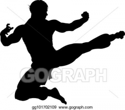 Vector Clipart - Karate kung fu flying kick man silhouette ...