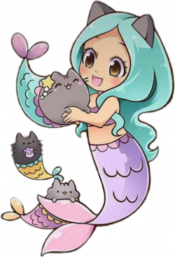 cute kawaii cat cats mermaid mermaids bluehair blue_hai...