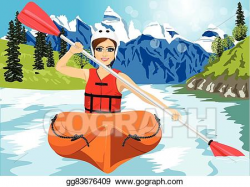 EPS Illustration - Girl with paddle and kayak on a small ...