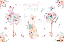 Isolated cute watercolor unicorn keys clipart with flowers ...