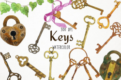 Watercolor Keys Clipart, Lock and Key, Vintage Key