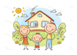 Family clipart. Happy cartoon family with one child near their house with a  garden. Doodle svg, clipart image svg, vector illustration