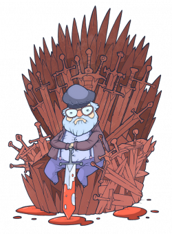 He sits on a thrones of swords... one for each character he has ...