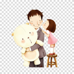 Girl about to kiss the cheek of man holding plush toy ...
