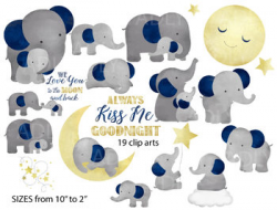 Cute Elephant watercolor clipart , good night kiss me, 19 different cliparts
